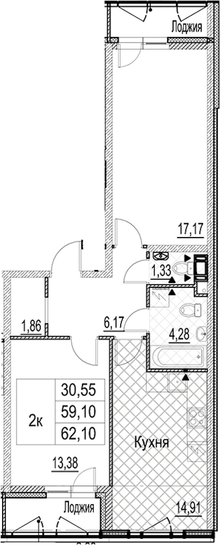 2-комнатная квартира 62.1 м², 6/17 эт., ЖК «Лайнеръ»