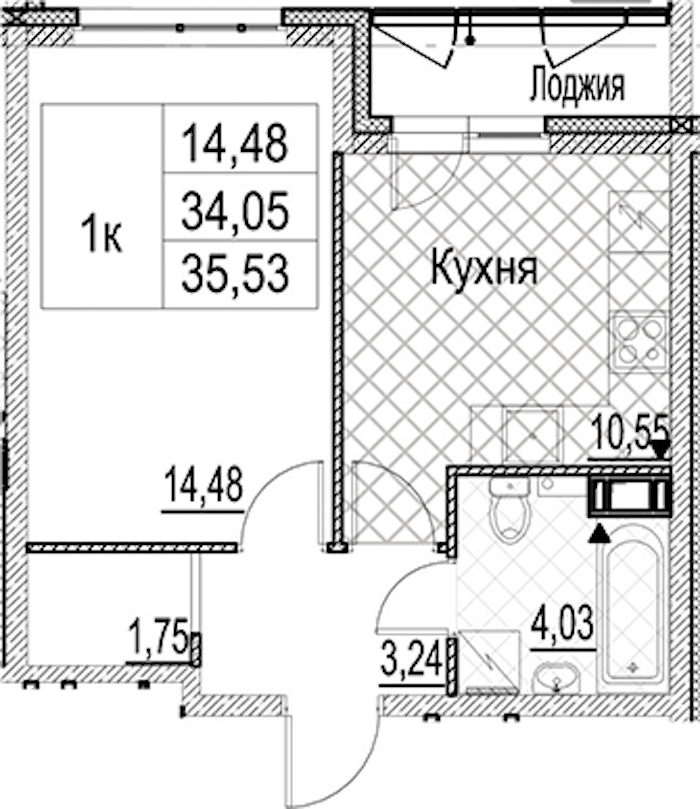 1-комнатная квартира 35.53 м², 6/17 эт., ЖК «Лайнеръ»