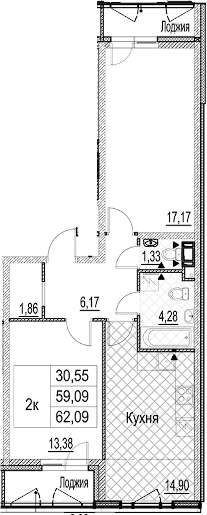2-комнатная квартира 62.09 м², 7/17 эт., ЖК «Лайнеръ»