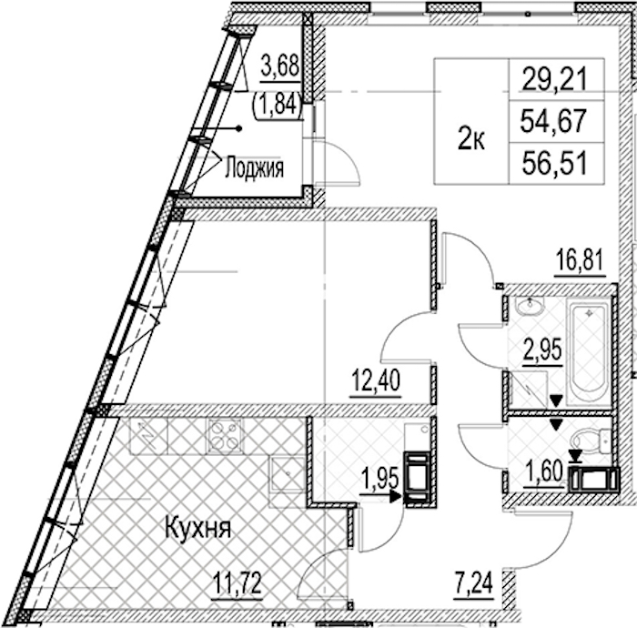 2-комнатная квартира 56.51 м², 7/17 эт., ЖК «Лайнеръ»