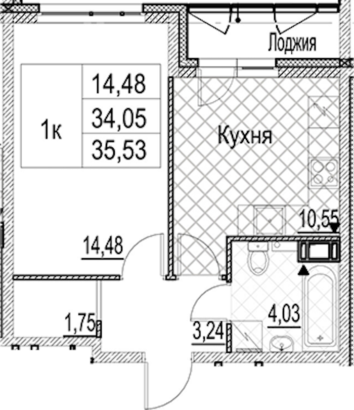 1-комнатная квартира 35.53 м², 7/17 эт., ЖК «Лайнеръ»