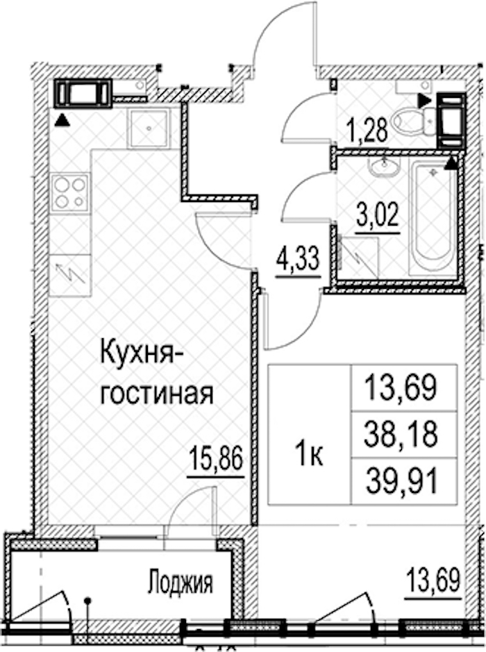 1-комнатная квартира 39.91 м², 8/17 эт., ЖК «Лайнеръ»