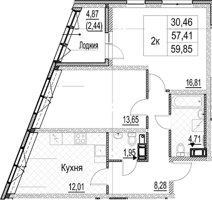 2-комнатная квартира 59.85 м², 8/17 эт., ЖК «Лайнеръ»