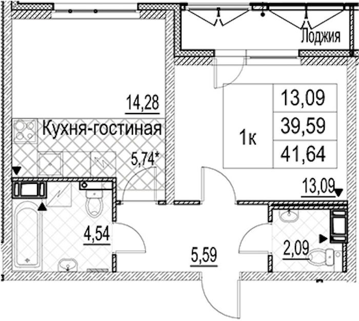1-комнатная квартира 41.64 м², 9/17 эт., ЖК «Лайнеръ»