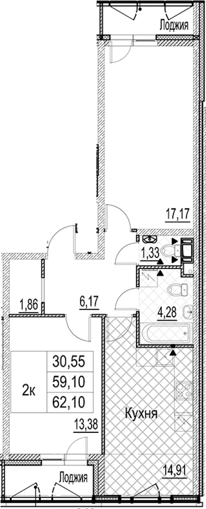 2-комнатная квартира 62.1 м², 9/17 эт., ЖК «Лайнеръ»