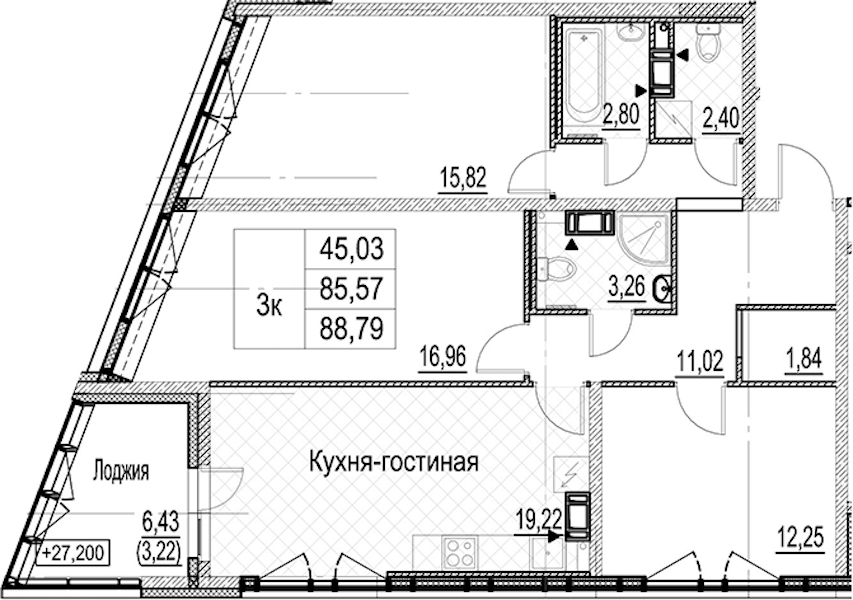 3-комнатная квартира 88.79 м², 9/17 эт., ЖК «Лайнеръ»