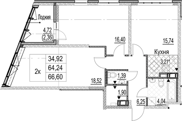 2-комнатная квартира 66.6 м², 9/17 эт., ЖК «Лайнеръ»