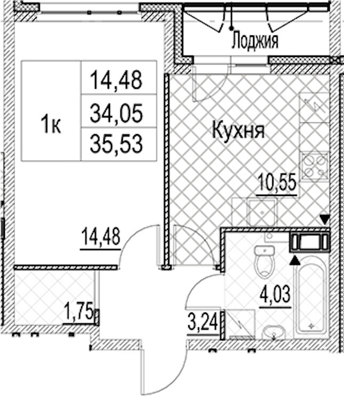 1-комнатная квартира 35.53 м², 9/17 эт., ЖК «Лайнеръ»