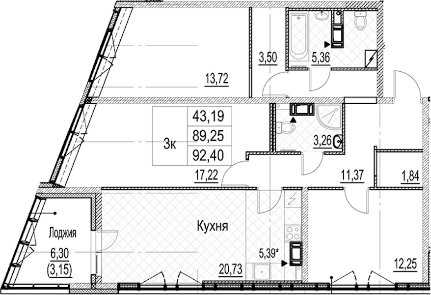 3-комнатная квартира 92.4 м², 10/17 эт., ЖК «Лайнеръ»