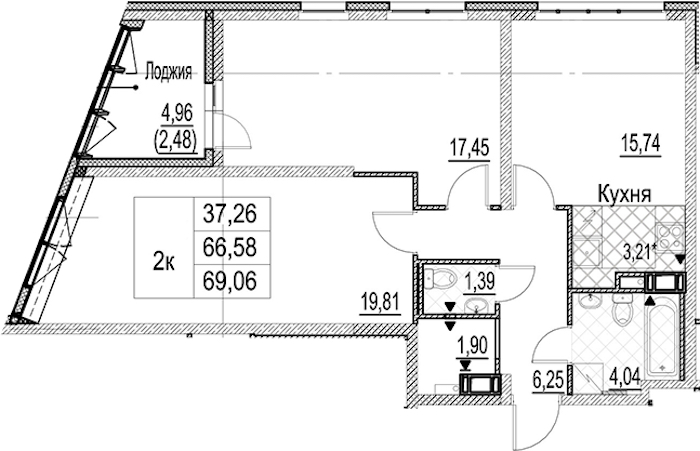 2-комнатная квартира 69.06 м², 10/17 эт., ЖК «Лайнеръ»