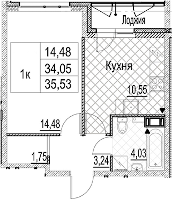1-комнатная квартира 35.53 м², 10/17 эт., ЖК «Лайнеръ»