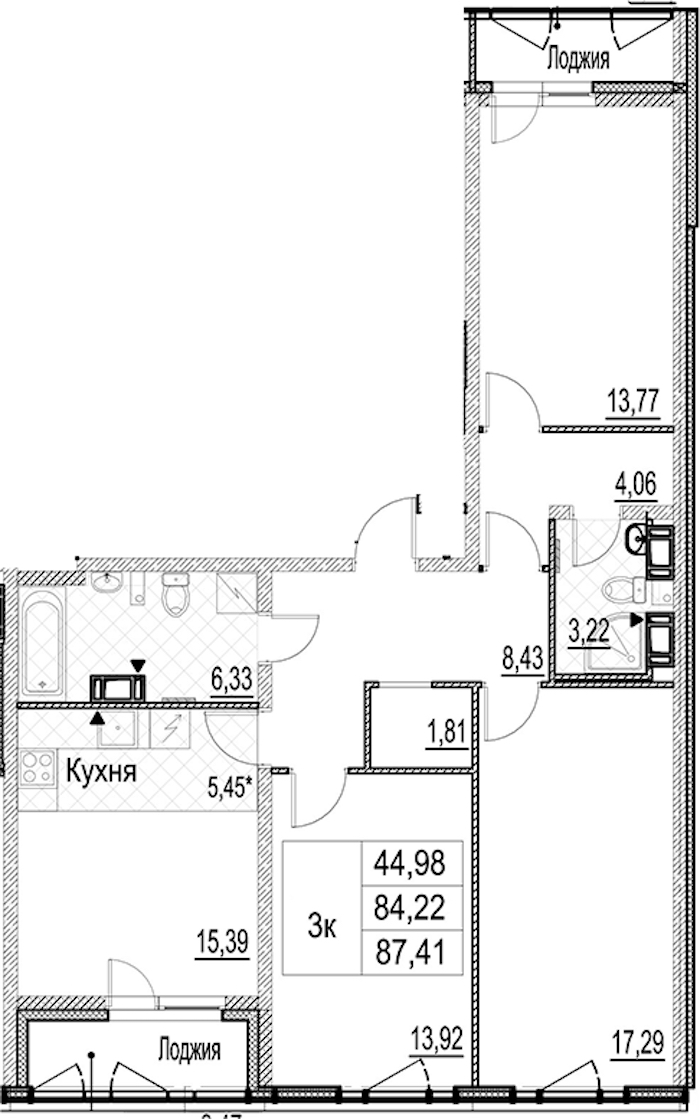 3-комнатная квартира 87.41 м², 11/17 эт., ЖК «Лайнеръ»