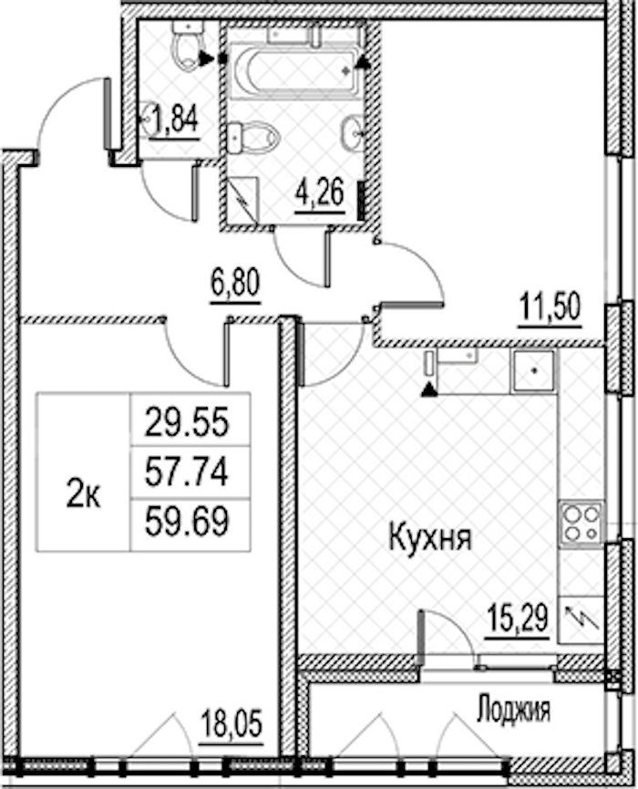 2-комнатная квартира 59.69 м², 2/15 эт., ЖК «Лайнеръ»