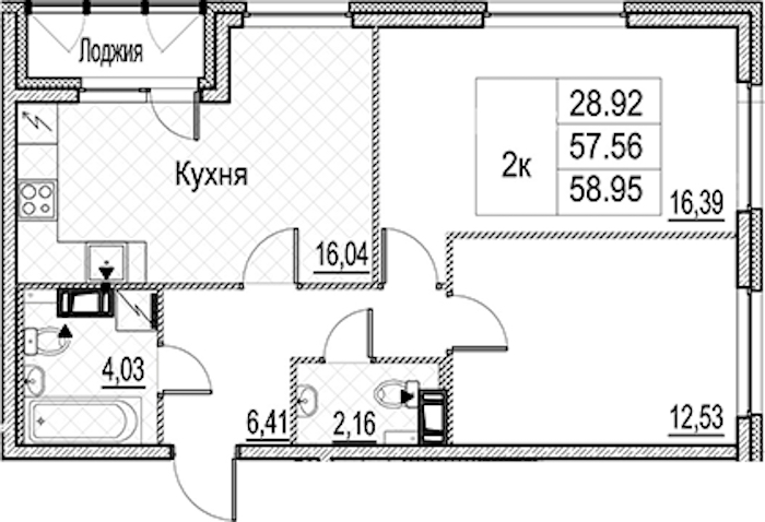 2-комнатная квартира 58.95 м², 3/15 эт., ЖК «Лайнеръ»