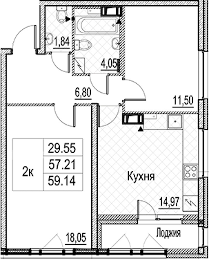 2-комнатная квартира 59.14 м², 3/15 эт., ЖК «Лайнеръ»