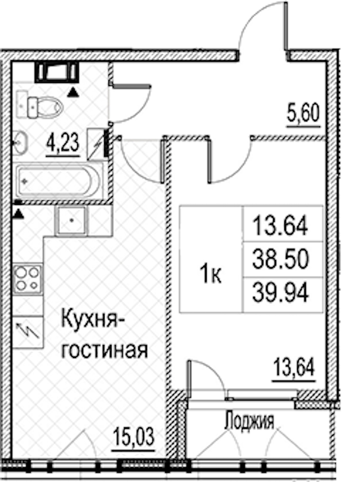 1-комнатная квартира 39.94 м², 3/15 эт., ЖК «Лайнеръ»