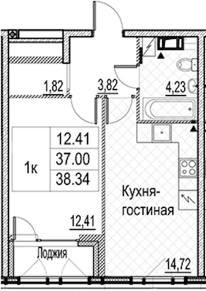 1-комнатная квартира 38.34 м², 3/15 эт., ЖК «Лайнеръ»