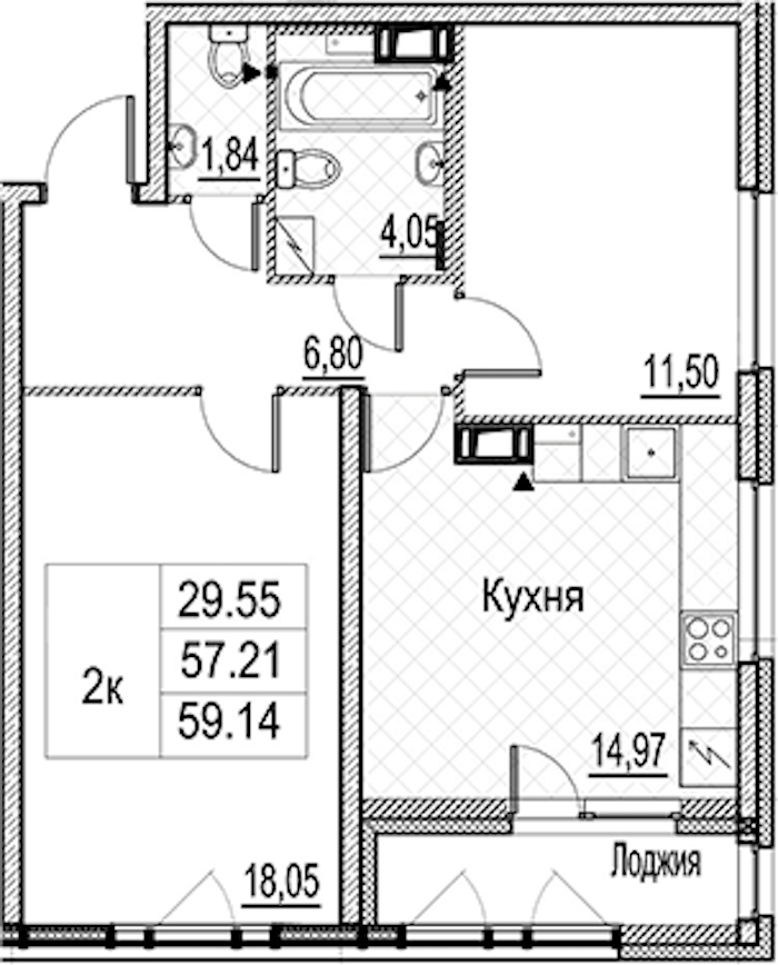 2-комнатная квартира 59.14 м², 4/15 эт., ЖК «Лайнеръ»