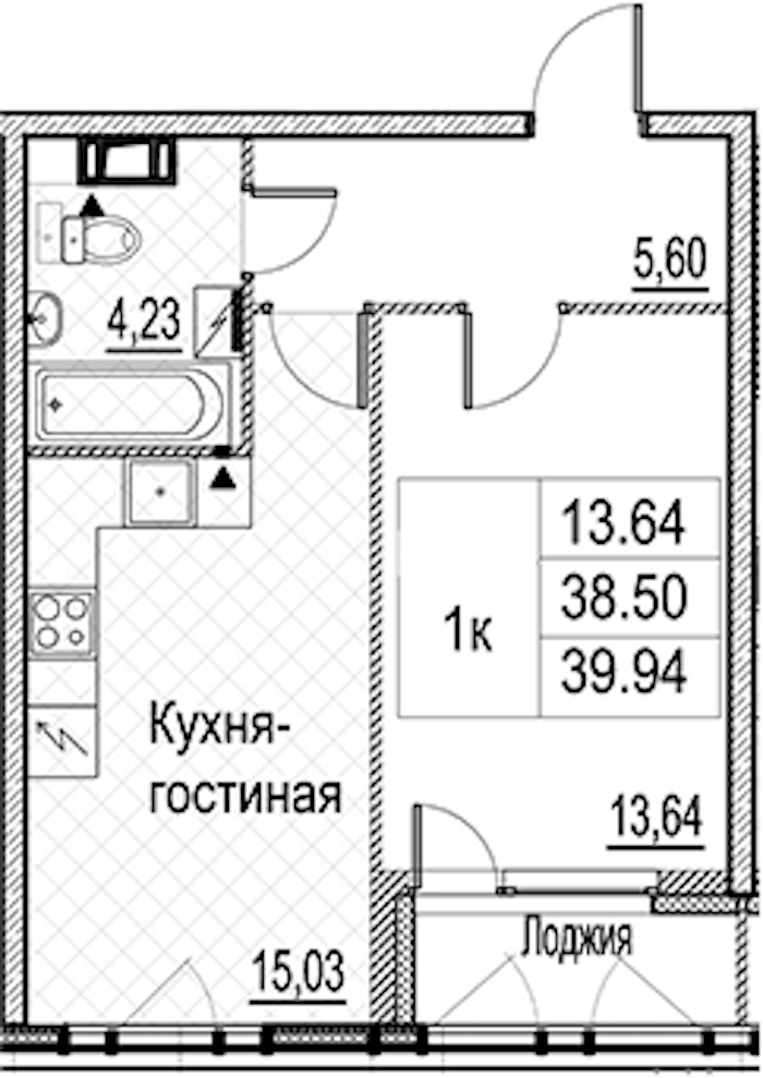 1-комнатная квартира 39.94 м², 4/15 эт., ЖК «Лайнеръ»
