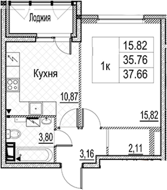 1-комнатная квартира 37.66 м², 5/15 эт., ЖК «Лайнеръ»