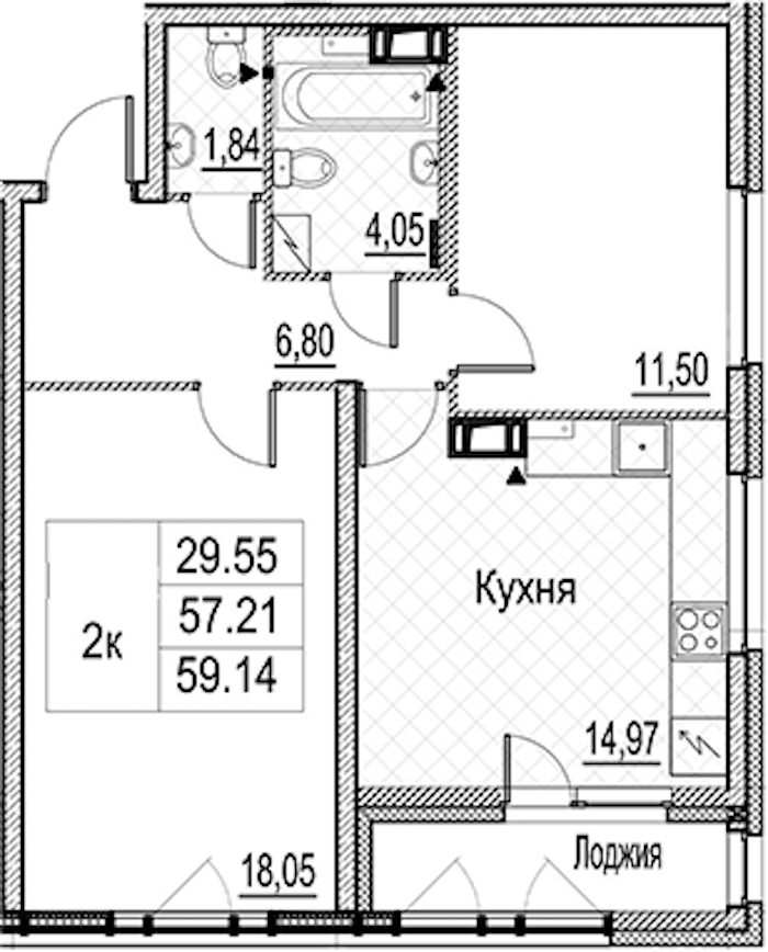 2-комнатная квартира 59.14 м², 5/15 эт., ЖК «Лайнеръ»