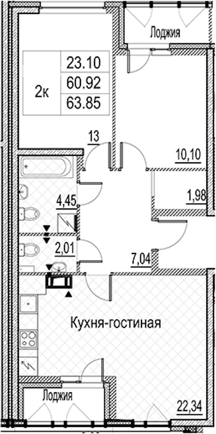 2-комнатная квартира 63.85 м², 5/15 эт., ЖК «Лайнеръ»