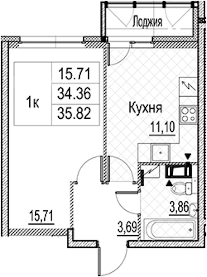 1-комнатная квартира 35.82 м², 5/15 эт., ЖК «Лайнеръ»