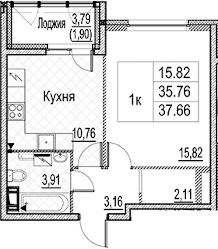 1-комнатная квартира 37.66 м², 6/15 эт., ЖК «Лайнеръ»
