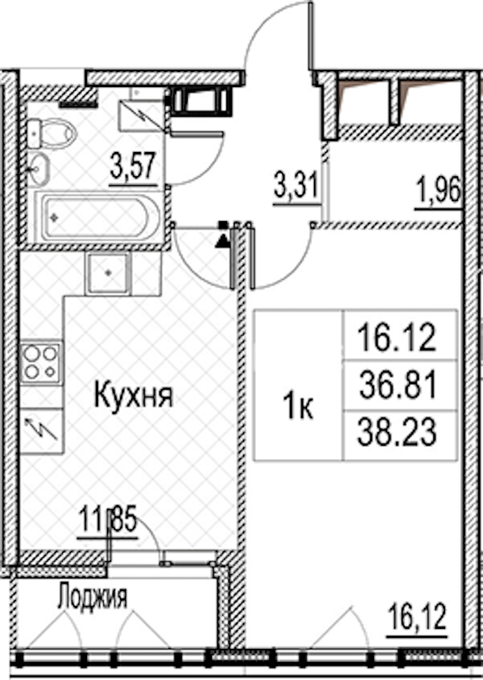 1-комнатная квартира 38.23 м², 7/15 эт., ЖК «Лайнеръ»