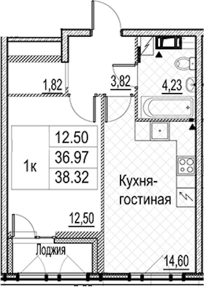 1-комнатная квартира 38.32 м², 7/15 эт., ЖК «Лайнеръ»