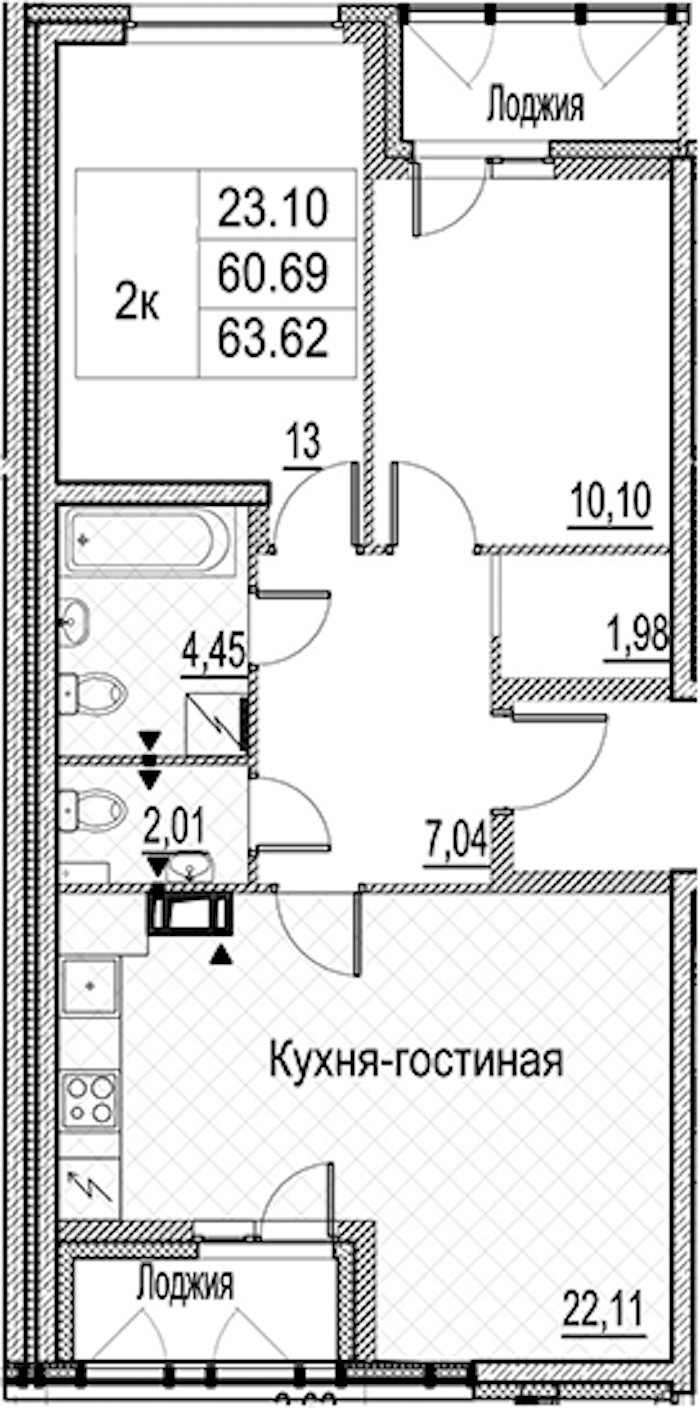 2-комнатная квартира 63.62 м², 7/15 эт., ЖК «Лайнеръ»