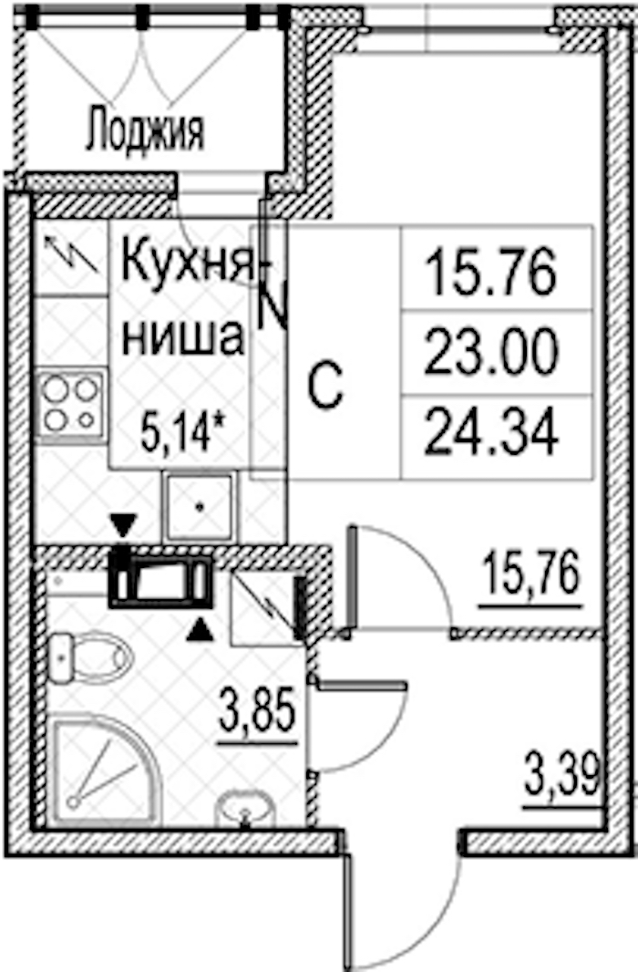 Квартира студия 24.34 м², 7/15 эт., ЖК «Лайнеръ»