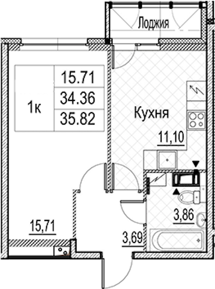 1-комнатная квартира 35.82 м², 7/15 эт., ЖК «Лайнеръ»