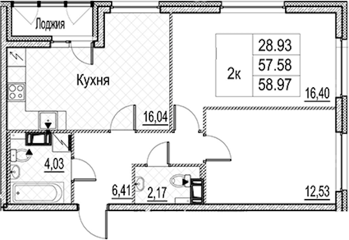 2-комнатная квартира 58.97 м², 8/15 эт., ЖК «Лайнеръ»