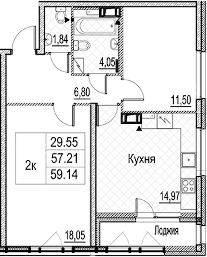 2-комнатная квартира 59.14 м², 8/15 эт., ЖК «Лайнеръ»