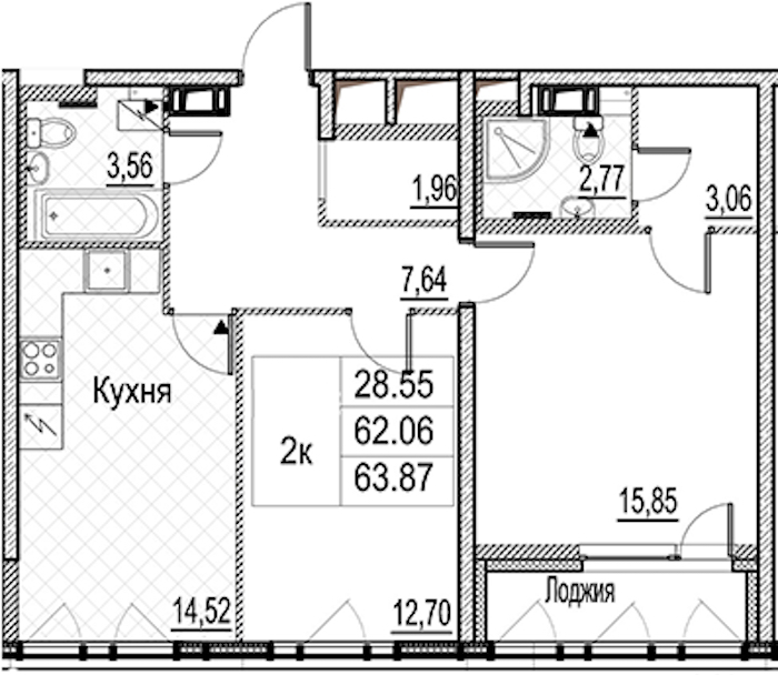 2-комнатная квартира 63.87 м², 8/15 эт., ЖК «Лайнеръ»