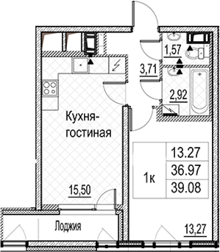 1-комнатная квартира 39.08 м², 8/15 эт., ЖК «Лайнеръ»