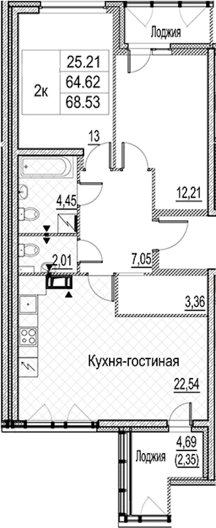 2-комнатная квартира 68.53 м², 8/15 эт., ЖК «Лайнеръ»