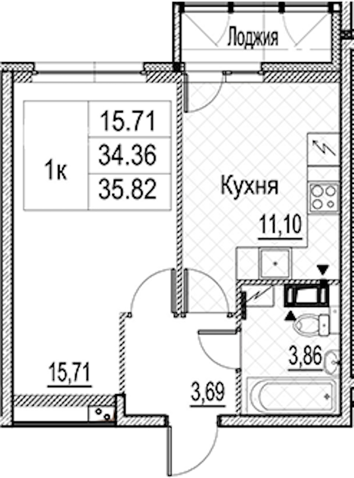 1-комнатная квартира 35.82 м², 8/15 эт., ЖК «Лайнеръ»