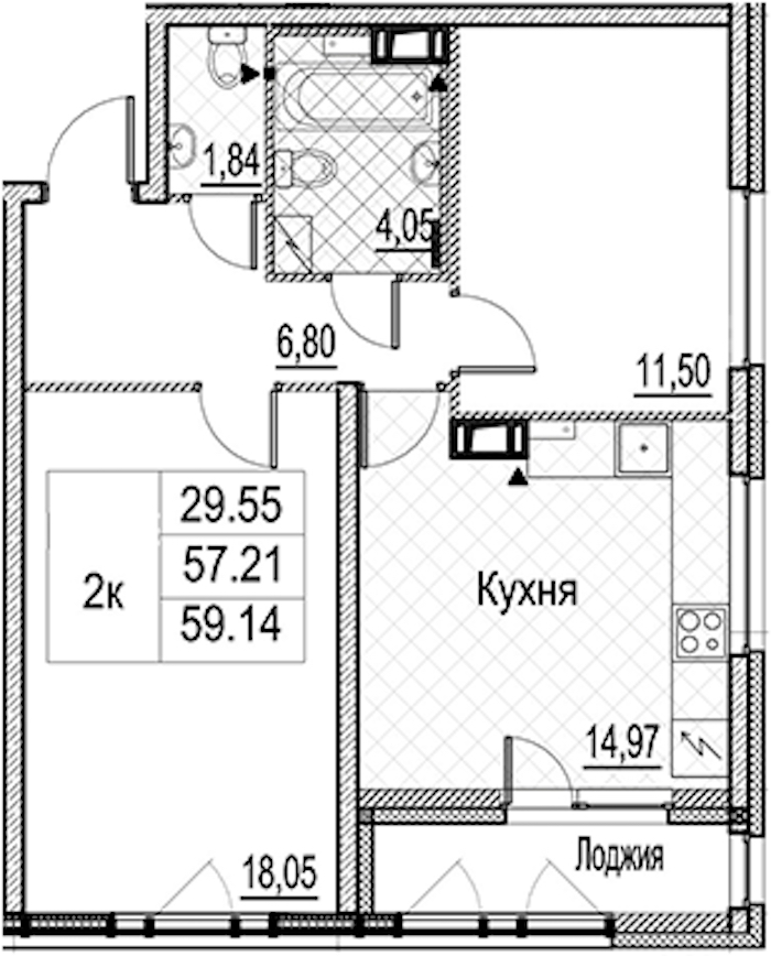 2-комнатная квартира 59.14 м², 9/15 эт., ЖК «Лайнеръ»