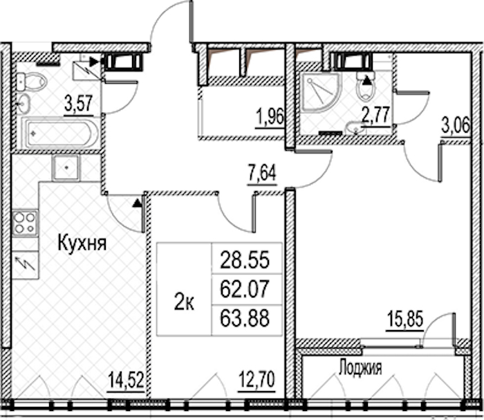 2-комнатная квартира 63.88 м², 9/15 эт., ЖК «Лайнеръ»