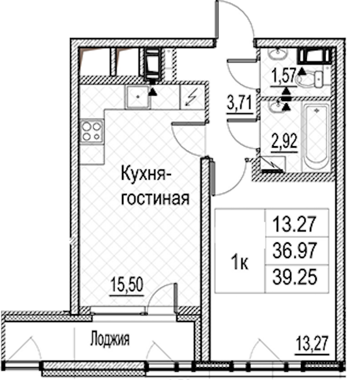 1-комнатная квартира 39.25 м², 9/15 эт., ЖК «Лайнеръ»