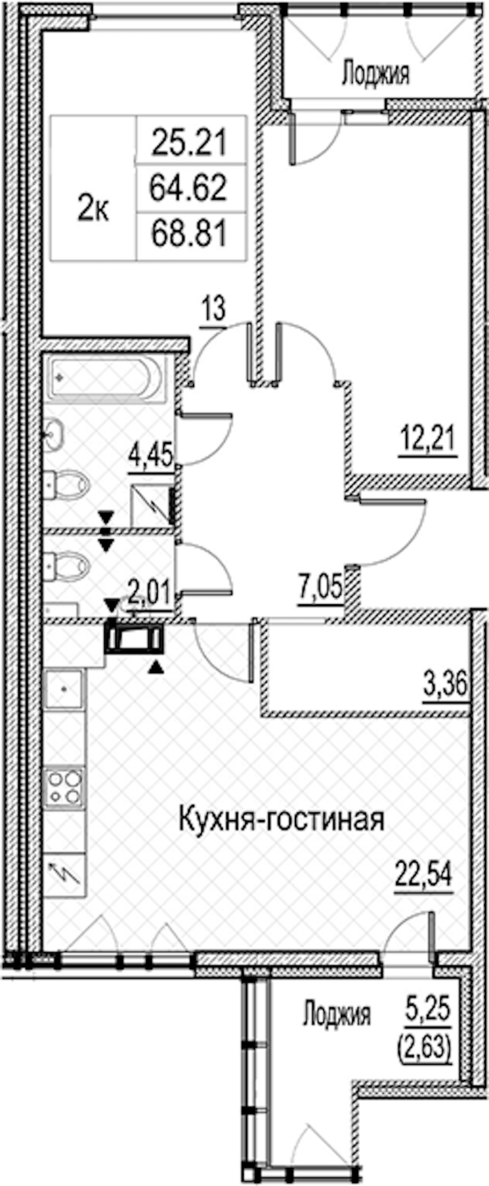 2-комнатная квартира 68.81 м², 9/15 эт., ЖК «Лайнеръ»