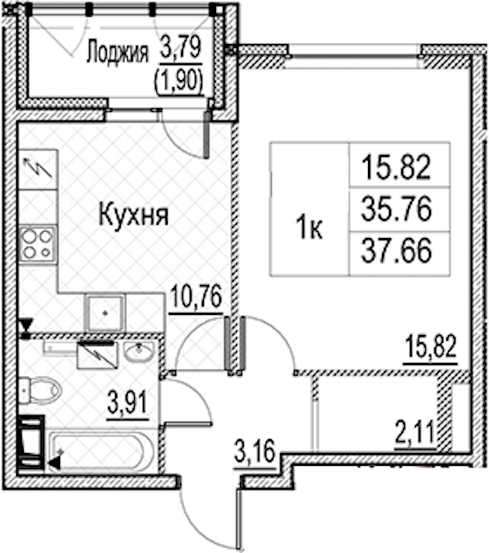 1-комнатная квартира 37.66 м², 10/15 эт., ЖК «Лайнеръ»