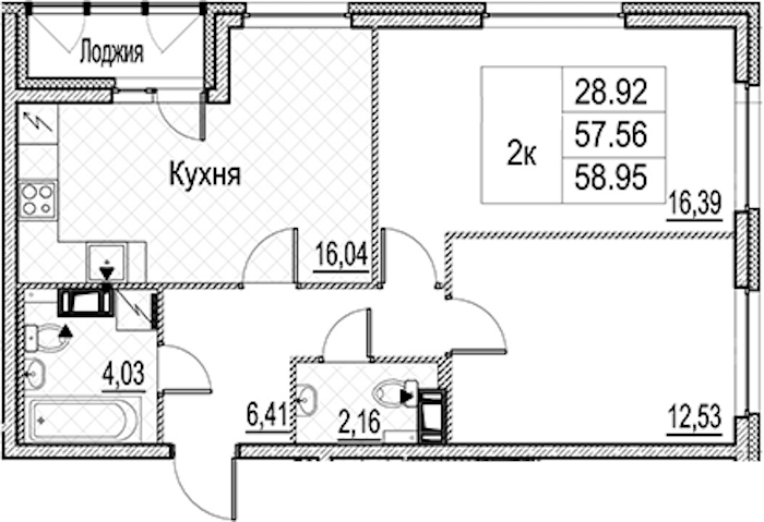 2-комнатная квартира 58.95 м², 10/15 эт., ЖК «Лайнеръ»