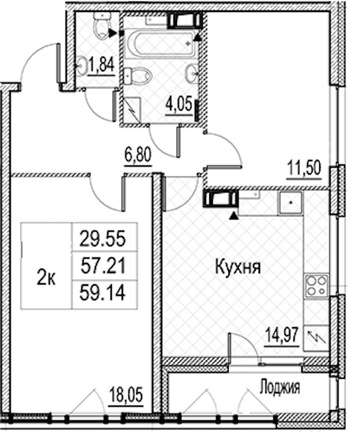 2-комнатная квартира 59.14 м², 10/15 эт., ЖК «Лайнеръ»