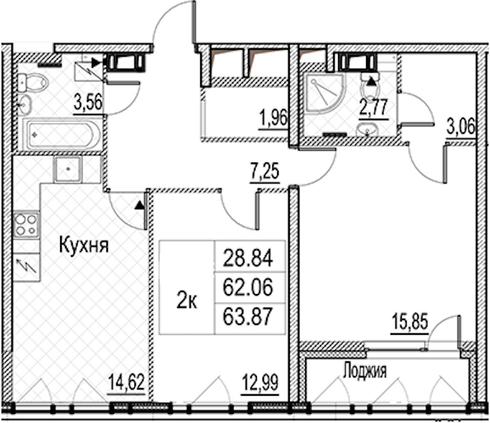2-комнатная квартира 63.87 м², 10/15 эт., ЖК «Лайнеръ»