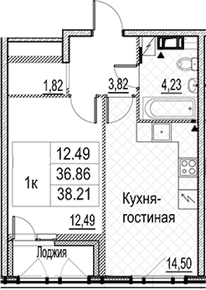 1-комнатная квартира 38.21 м², 10/15 эт., ЖК «Лайнеръ»