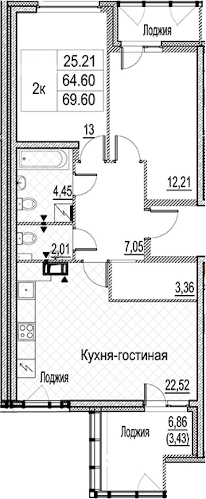 2-комнатная квартира 69.6 м², 10/15 эт., ЖК «Лайнеръ»