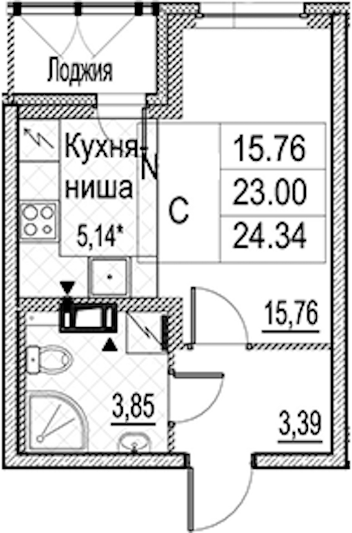 Квартира студия 24.34 м², 10/15 эт., ЖК «Лайнеръ»